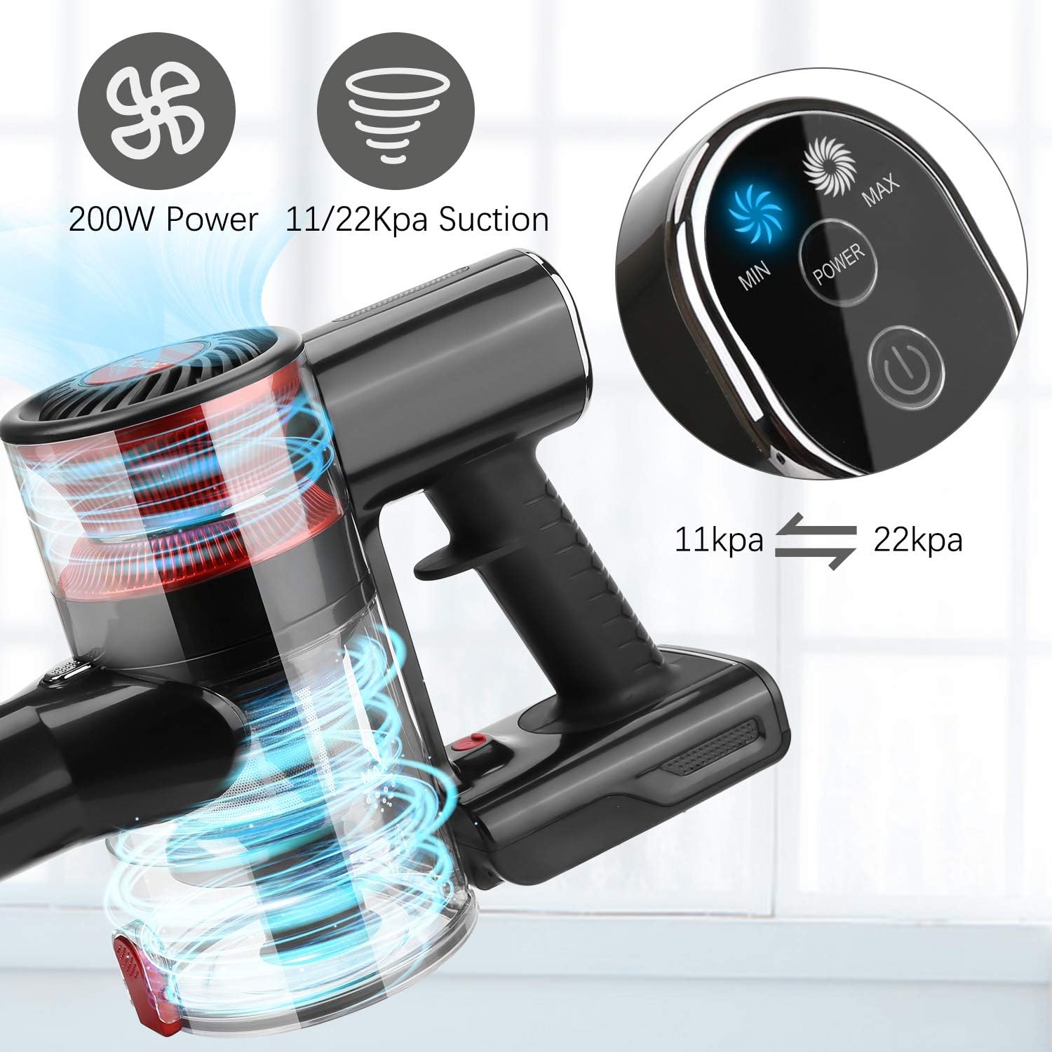 TOCMOC T185 Stick Cordless Vacuum Cleaner 5 in 1 Pro, with 22Kpa 200W Powerful Suction and HEPA H12, Lightweight Quiet for Home, Pet Hair, Hard Floors, Carpet and Car -