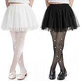 Larrel 2 Pack Girls Sparkle Tights, Shiny Stretchy Mesh Stockings for Girls Comfortable Elastic Kids Stockings for Parties Performances(Black, White)