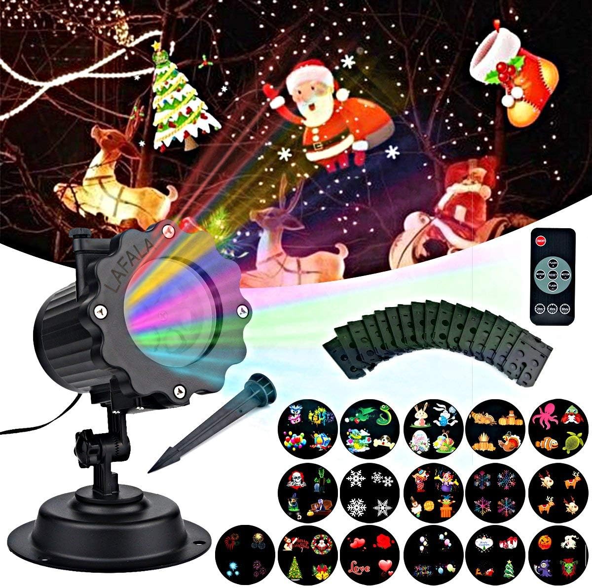LAFALA Christmas Lights Projector-2017 Light Projector 16PCS Pattern slide LED Flood projector Landscape lamp Bulb Remote Control and Waterproof Perfect for Christmas Holiday Decorations