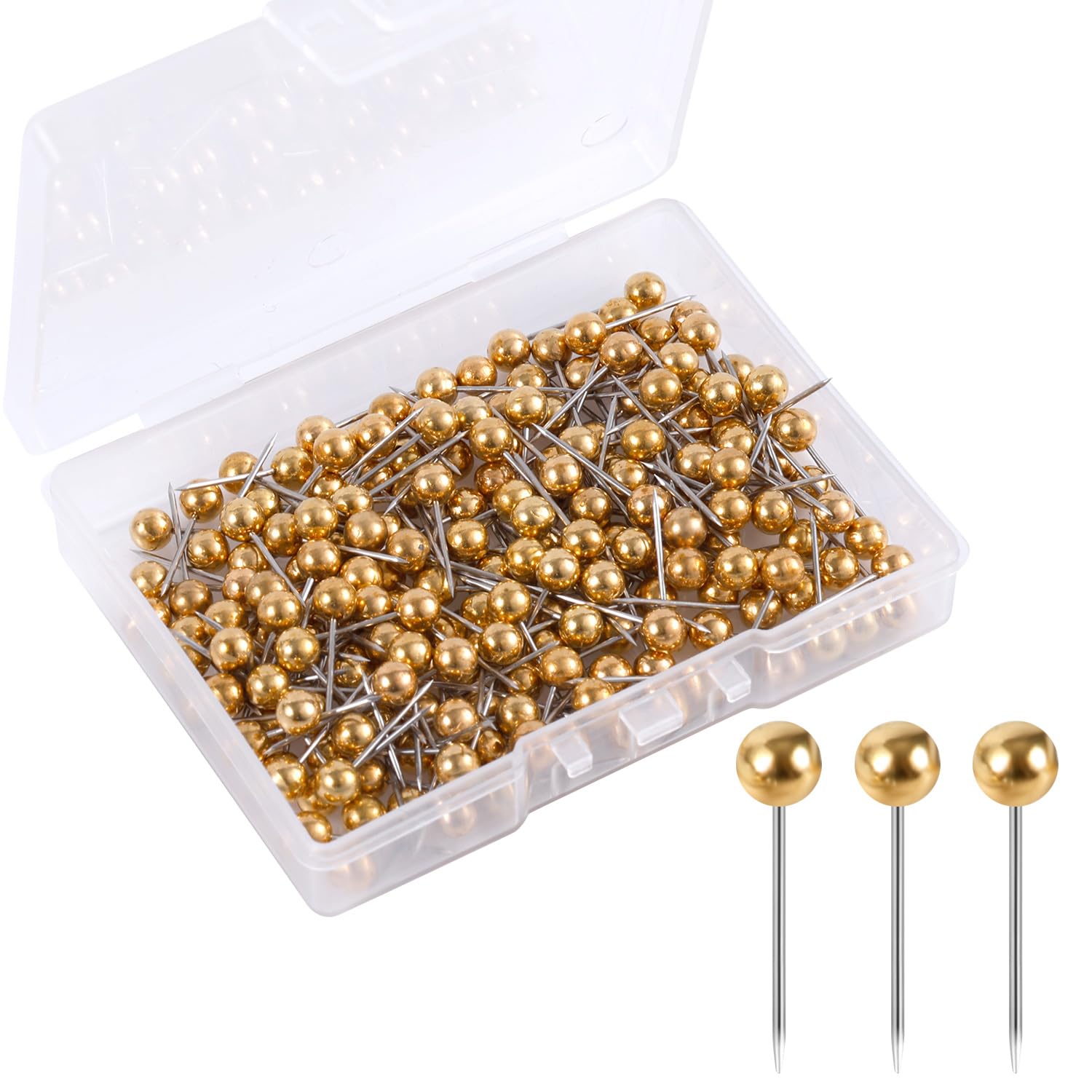 Photo 1 of 200pcs Map Push Pins, Map Tacks Round Head Map Pins for Travel Map Small Thumb Tacks Marking Pushpins for Cork Board Bulletin Board Picture Photo Home Office School DIY Craft (Gold)