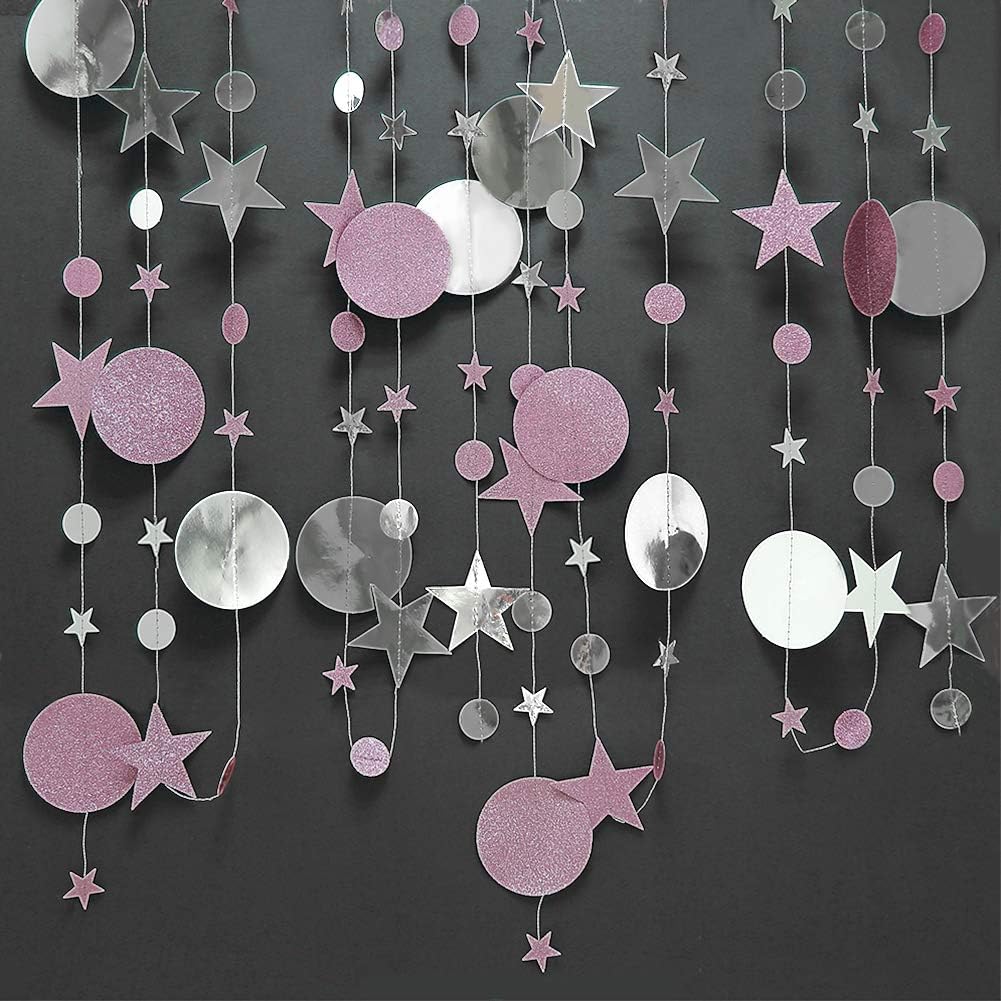 Glitter Pink Silver Circle Dot Garland Twinkle Little Star Decoration Polka Dots Streamer Backdrop Banner Girls Birthday Party Decor/Baby Shower/Wedding/Engagement/Anniversary/Sweet 16/Bridal Shower - Image 3