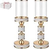 Dounx Pillar Candle Holder with Glass Wind Proof, Metal Hurricane Holders, Gold Crystal Candle Stand for Table Centerpieces, Home Decor, Wedding, Dining Table (M, 2PCS, For pillar candles up to 3"x5")