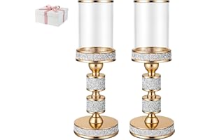 Dounx Pillar Candle Holder with Glass Wind Proof, Metal Hurricane Holders, Gold Crystal Candle Stand for Table Centerpieces, Home Decor, Wedding, Dining Table (M, 2PCS, For pillar candles up to 3"x5")