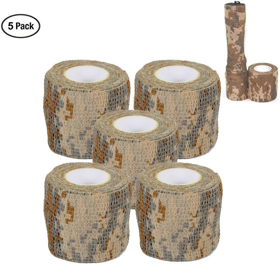 Glaray Camo Wrap Tape Military Army Camouflage Tape Cling for Shotguns Hunting Camping, Self-adhesive Protective Stretch Bandage Roll, Non-woven Fabric, 15ft Length x 2 inch Width, 5-Pack