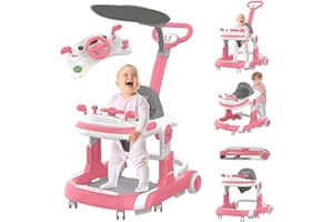PIONEVOX Baby Walker, 5-in-1 Foldable Baby Walker with Wheels, Music, 4-Height Baby Toddler Walker with Push Handle, Activity Center, Food Tray, Sunshade, Baby Walkers for Babies 6-12 Months Boys Girls