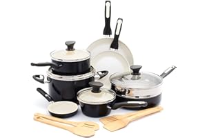 GreenPan Rio Healthy Ceramic Nonstick 16 Piece Cookware Pots and Pans Set, PFAS-Free, Dishwasher Safe, Black