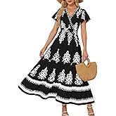 Simlakey Women Summer Casual Dress Boho Maxi Dress Flowy V Neck Aline Floral Bell Sleeve with Pocket Beach Vacation