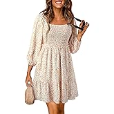 Dokotoo Fall Dresses for Women 2025 Boho Floral Square Neck Smocked 3/4 Sleeve Casual A-Line Swing Mini Dress Sundress