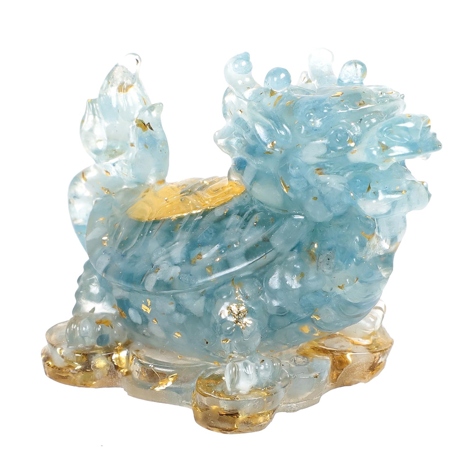 Nupuyai 2pcs Aquamarine Crystal Stone Animal Statue Gold Coin Dragon Turtle Figure Set, Resin Stones Figurine Lucky Feng Shui Wealth Ornament Home Office Decor