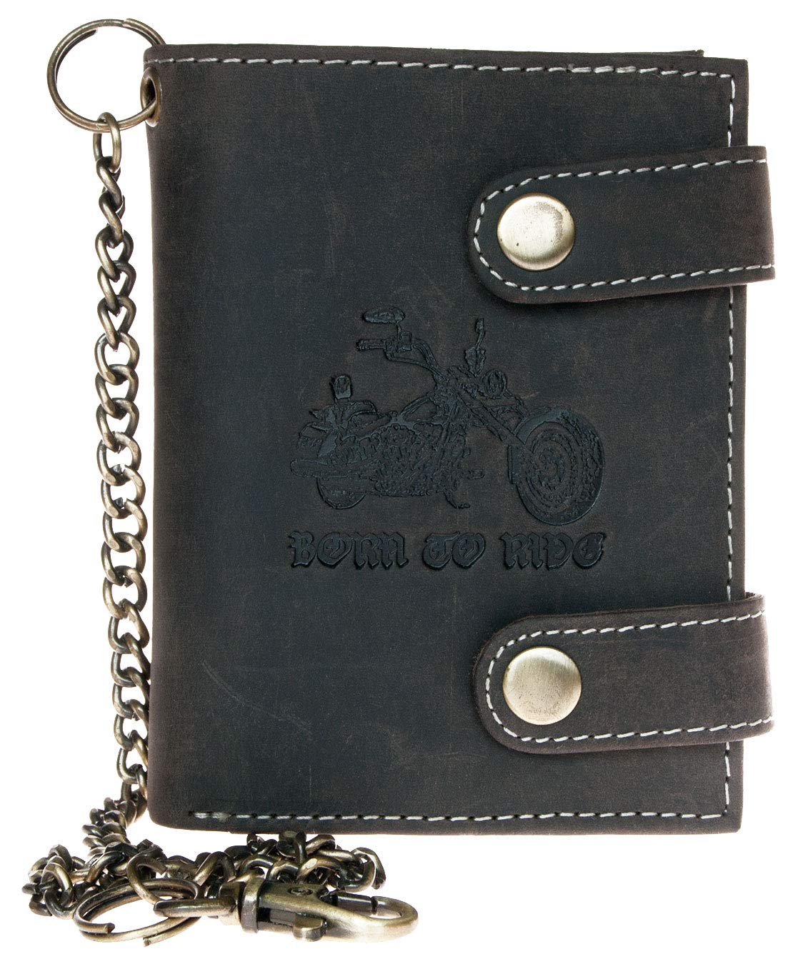 Grey Genuine Leather Wallet Born to Ride with Metal Chain with Motorbike