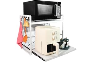 BeSokar 2-Tier Microwave Rack - Height Adjustable & Extendable Kitchen Shelf with Drawer - Carbon Steel - Includes Hooks & Reinforcement Suction Cups - Easy Assembly (White)