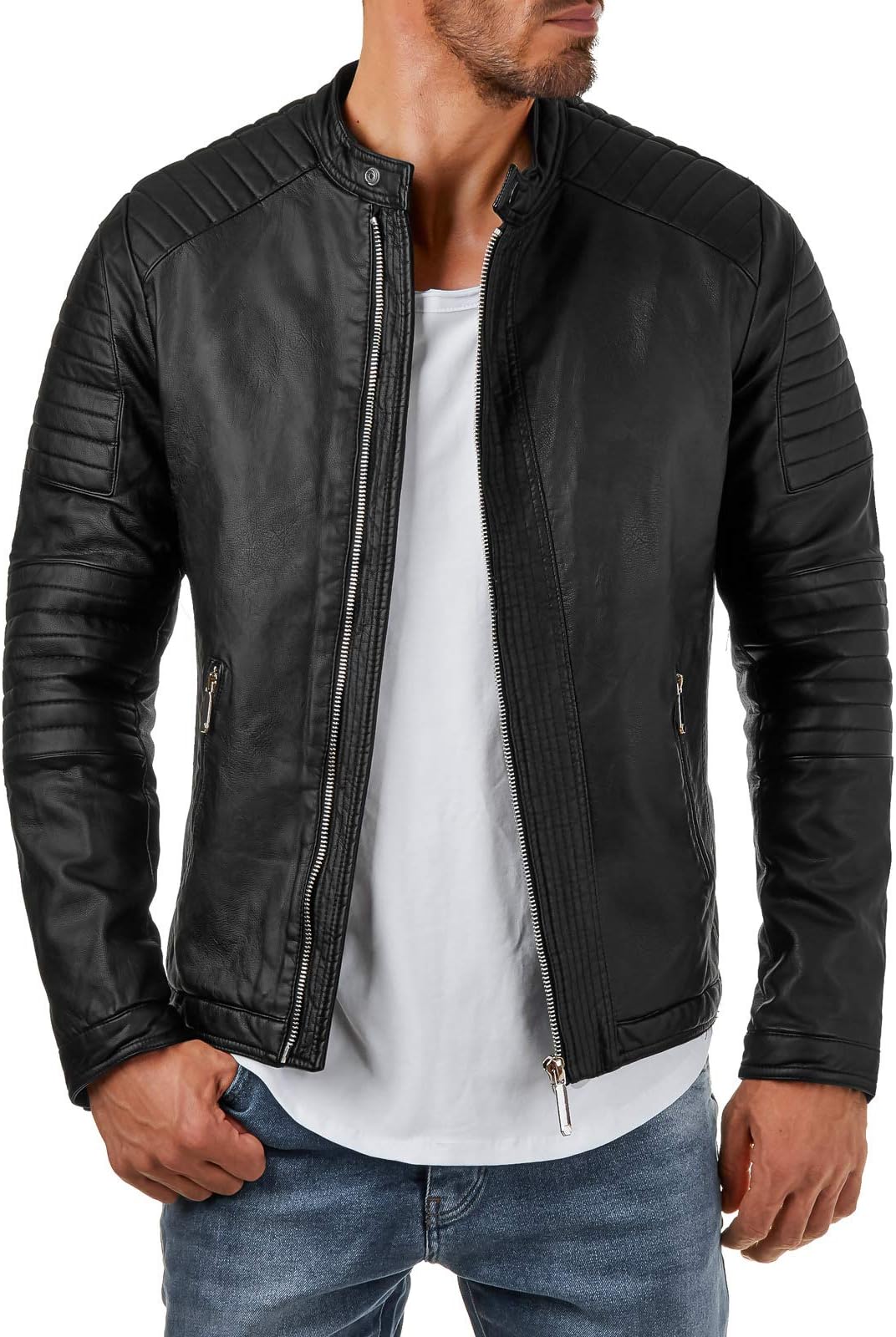EightyFive EF22 Herren Kunst-Lederjacke Schwarz Stepp Muster S-XXL