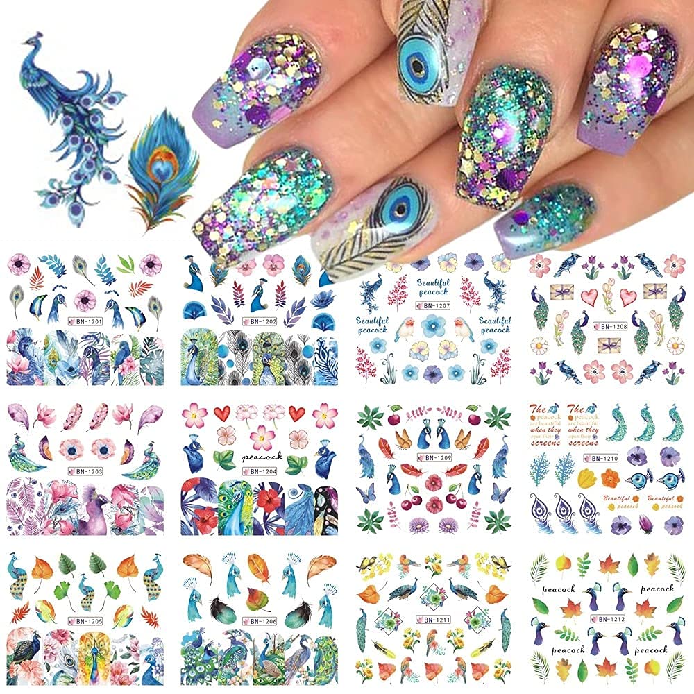 CHANGAR Flower Leaf Grass Water Nail Decals - 12 Sheets Peacock Feather DIY Nail Decorations for Woman, Girl & Children
