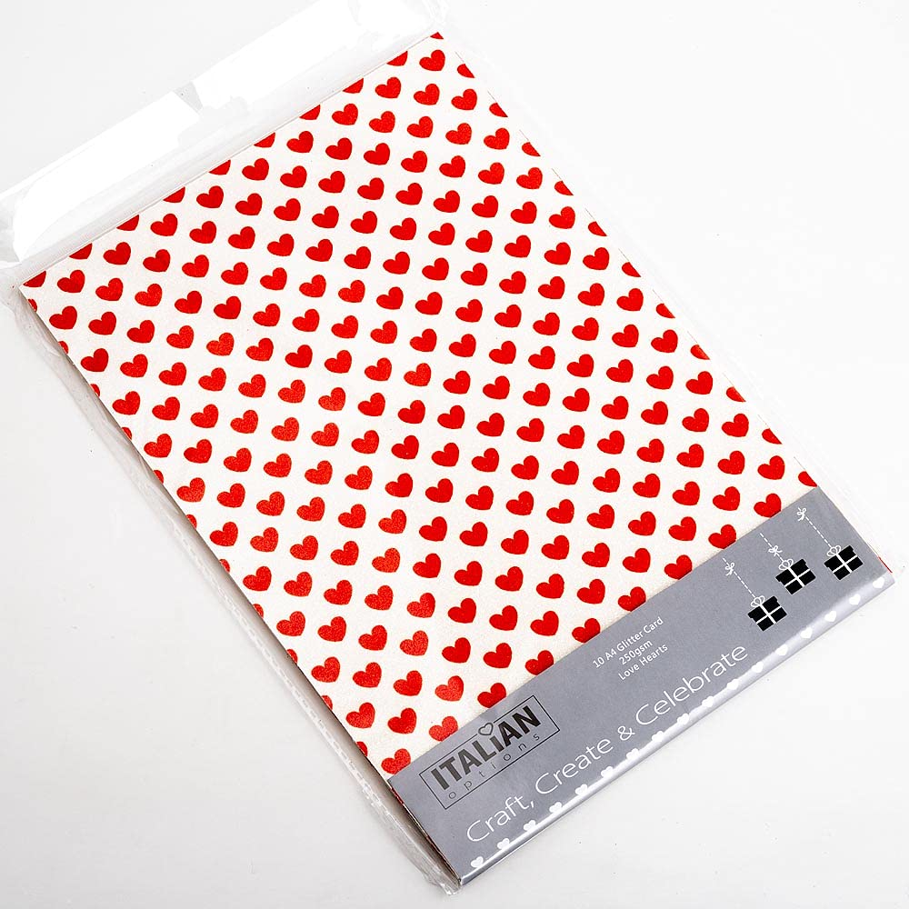 Italian Options Non-Shed Glitter Cardstock Paper, Sturdy Glitter Card for Electronic Die-Cutter Machines, Christmas Crafts and Card Making Supplies, 10 Coloured Sheets, A4, 250gsm, Love Hearts