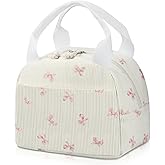 BuyCard Insulated Lunch Bag Women, Reusable Corduroy Cute Lunch Box, Leakproof Floral Lunch Tote Bag with Large Capacity, Small Cooler Lunch Container for Work Office Travel Picnic (Beige Pink Bow)