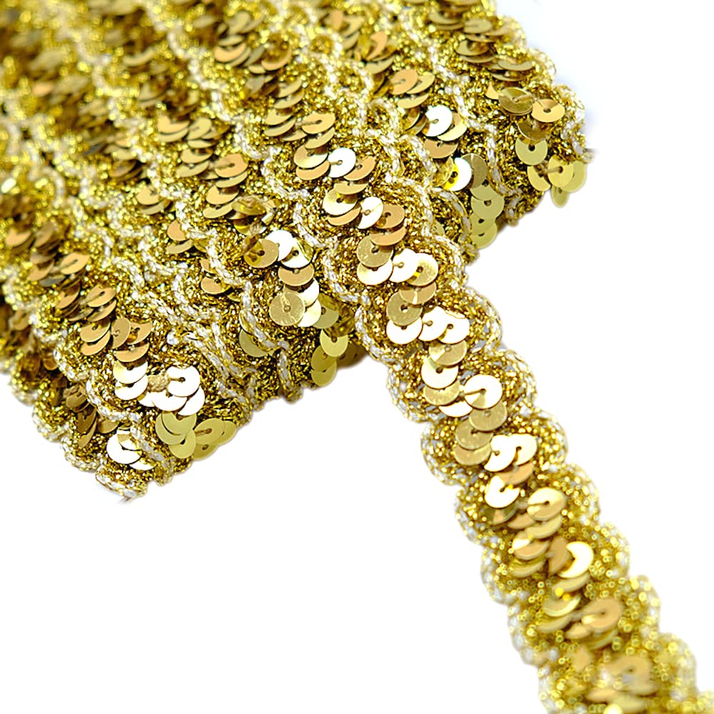 Duories 13 Metres 2.3 cm Retro Wave Glitter Sequins Lace Ribbon Sequin Trim Border Ribbon for DIY Sewing Craft Decoration, Light Gold