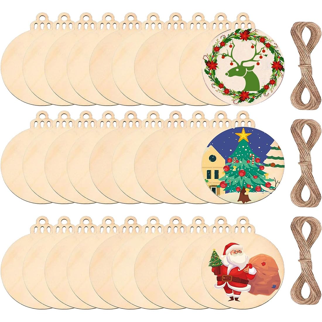 ZKSXOA 20 Pieces Christmas Wooden Baubles Round Wood Slices Wood Disc Hanging Ornaments Baubles for DIY Crafts Christmas Tree Decoration,9 * 7.6cm