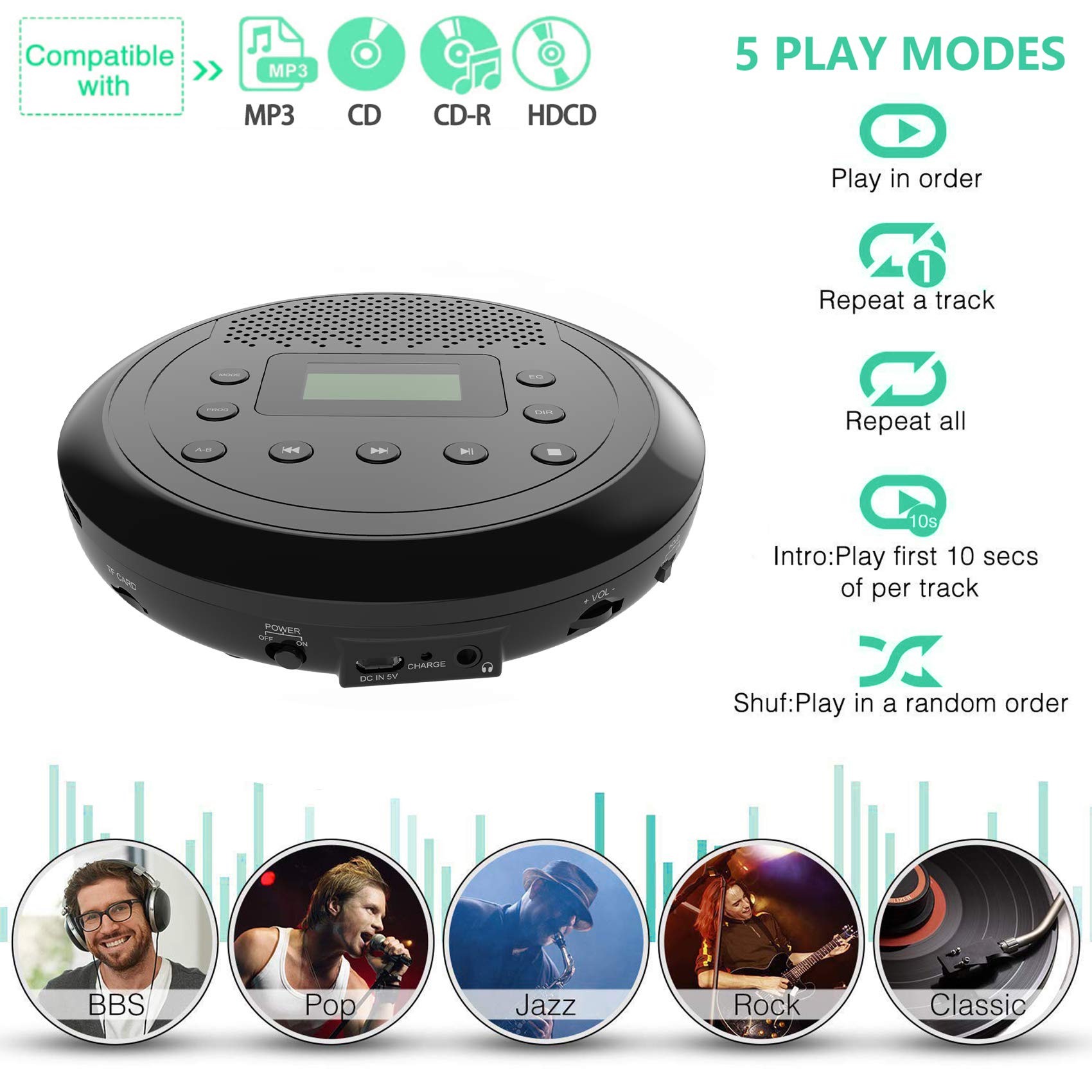 MONODEAL Rechargeable Portable CD Player with Built-in Speakers, CD Player for Car and Personal Use, Anti-Skip Player with Headphones