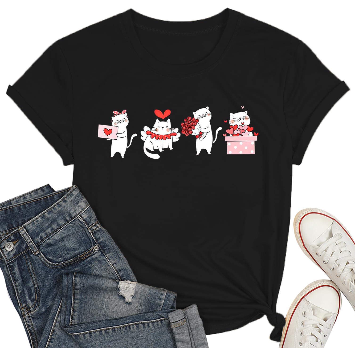 Valentine Shirt for Women Cute Kitten Love Heart Graphic Tee Valentine Day Cats T-Shirt Valentine Gifts Top Black