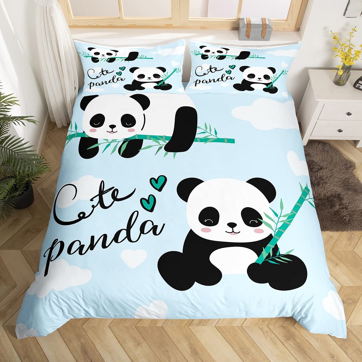 Cute Panda Bedding Set Cartoon Panda Duvet Cover Set for Kids Boys Girls Animal Bed Cover Kawaii Animal Blue Duvet Cover Double Size