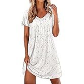 Ekouaer Womens Nightgown Lace Trim V Neck Sleep Shirt Flare Short Sleeve Night Gown Pleated Nightshirt Ladies Nightdress