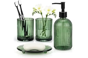 Topsky 4 Pcs Glass Bathroom Accessories Set,13.5oz Liquid Hand Soap Dispenser with Toothbrush Holder,Mouthwash Cup,Soap Dish 