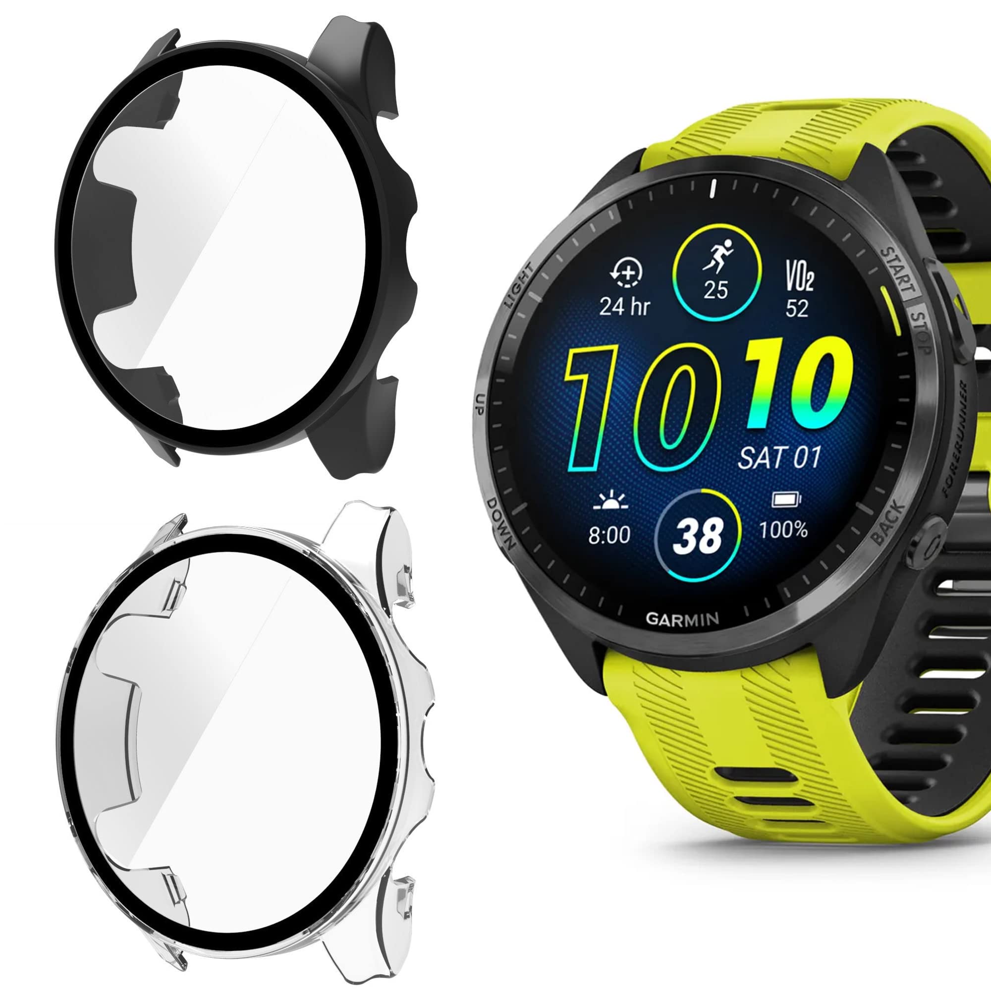 Compatible for Garmin Forerunner 965 Case, Blueshaweu Hard PC Case with Tempered Glass Screen Protector Compatible with Garmin Forerunner 965 (2 pack-Black+Clear)