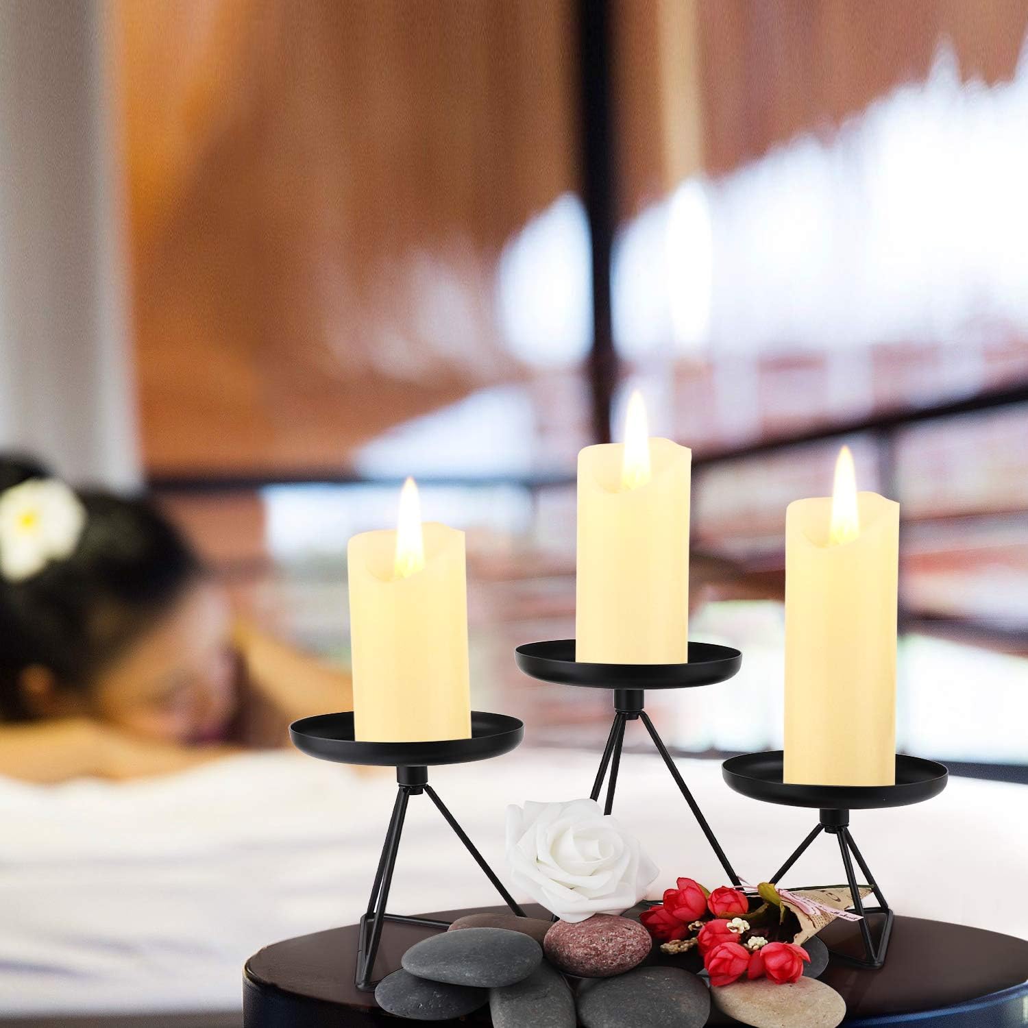 Bikoney Candle Holder for Home Decor Candleholder for Pillar Candle Metal Geometric Candlesticks Set of 3 Black 7.25", 5.5", 4.5": Kitchen & Dining