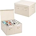 2 Pack Shoe Storage Organizer for Closet Fits 32 Pairs, Large Shoe Storage Box Bins with Adjustable Dividers and Lid for Sandals, Sneakers and High Heeled, Stackable and Foldable (Cream)