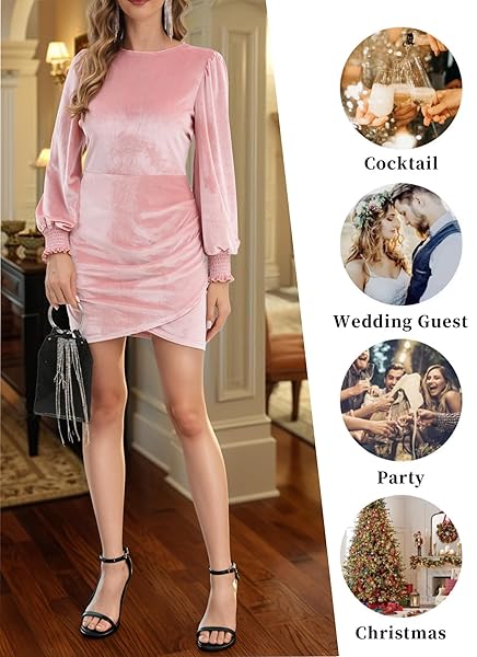 VALIAMCEP WOMEN’S LONG SLEEVE VELVET DRESS ELEGANT ROUND NECK CUTE LANTERN SLEEVE PUFF SLEEVE RUCHED WRAP COCKTAIL BODYCON DRESS SHORT FORMAL CLUB PARTY MINI DRESSES PINK S