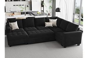 Belffin Modular Sectional Sleeper Sofa with Pull Out Bed U Shaped Sectional Sofa Couch with Storage Ottoman Velvet Covertible 7-seater Sofa for Living Room Black