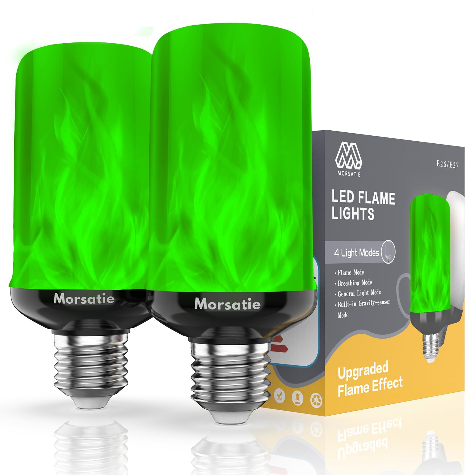 Photo 1 of Morsatie ?Upgraded Flame LED Flame Light Bulbs, 4-Mode Flickering Light Bulbs with Upside Down Effect, E26 Fire Light Bulb for Halloween Christmas Party Porch Patio Indoor Outdoor Decoration, Green