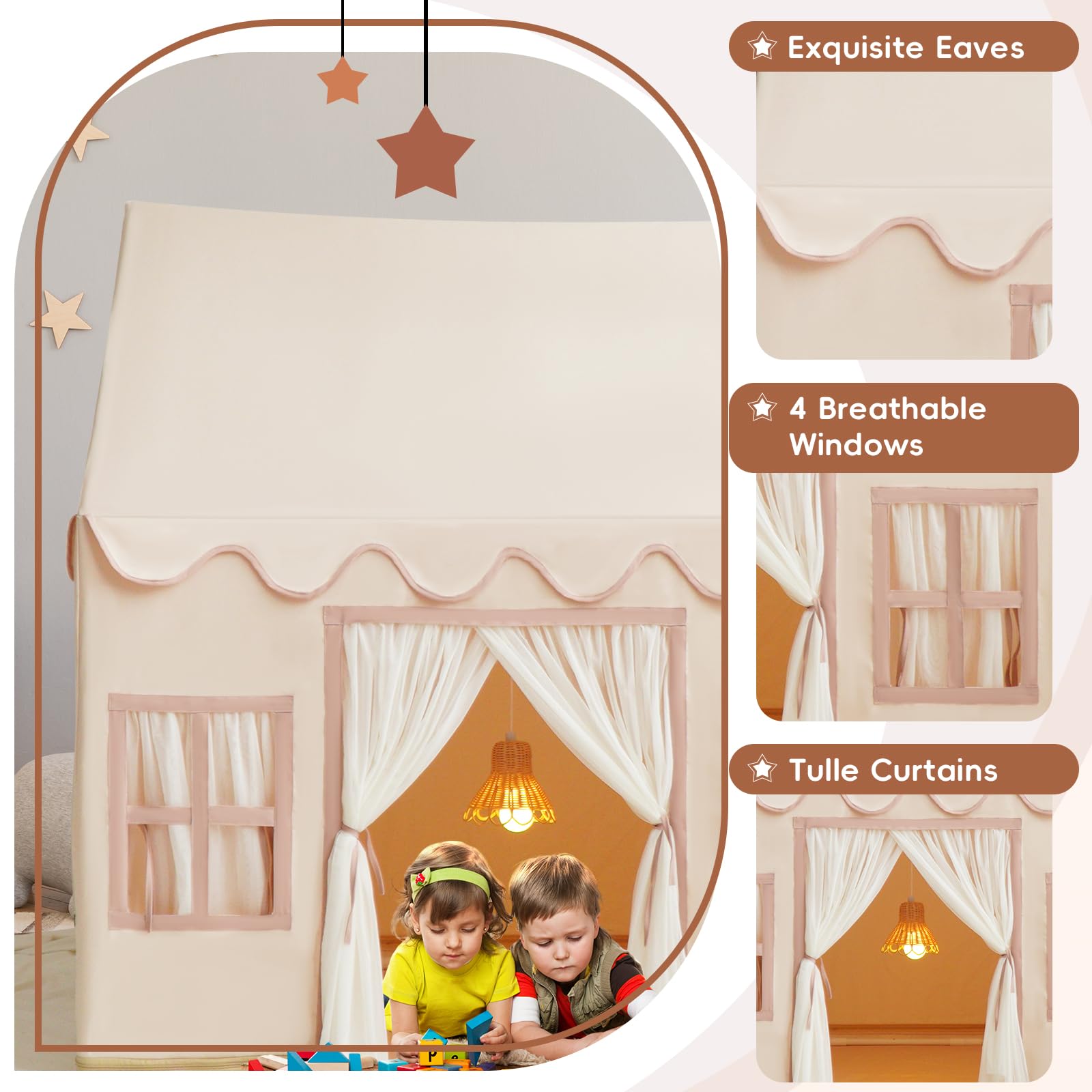 Play Tent with Padded Mat, Pennant Banners, Fairy Lights - Cream Kids Playhouse with Multiple Windows for Indoor and Outdoor, Large Play House Toys for Toddler, Boys and Girls