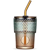 BLUEPOLAR 13 oz Tumbler Water Glass, Water Bottle with Straw and Dustproof Lid, Coffee Ice Cup Double Wall Insulated Glass Cup (Amber-Ribbed)