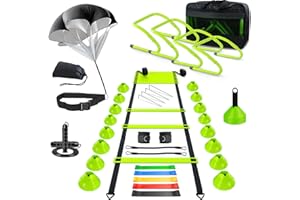 Haootadiy Agility Training Equipment, Football Training Equipment Includes 20FT Agility Ladder,4 Adjustable Agility Hurdles, 12 Football Cones, Parachute, for Training Soccer Basketball Athletes