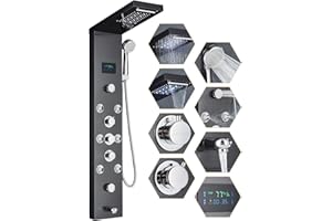 Votamuta Shower Panel Wall Mount Shower Tower LED Rainfall Waterfall Showerhead Full Body Shower System with Adjust-angle Body Jets Contemporary Bathroom Shower Panels Stainless Steel, Black