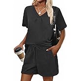 Ekouaer Two Piece Lounge Sets for Women 2025 Summer Short Sets V Neck Pajamas Vacation Outfits S-XXL