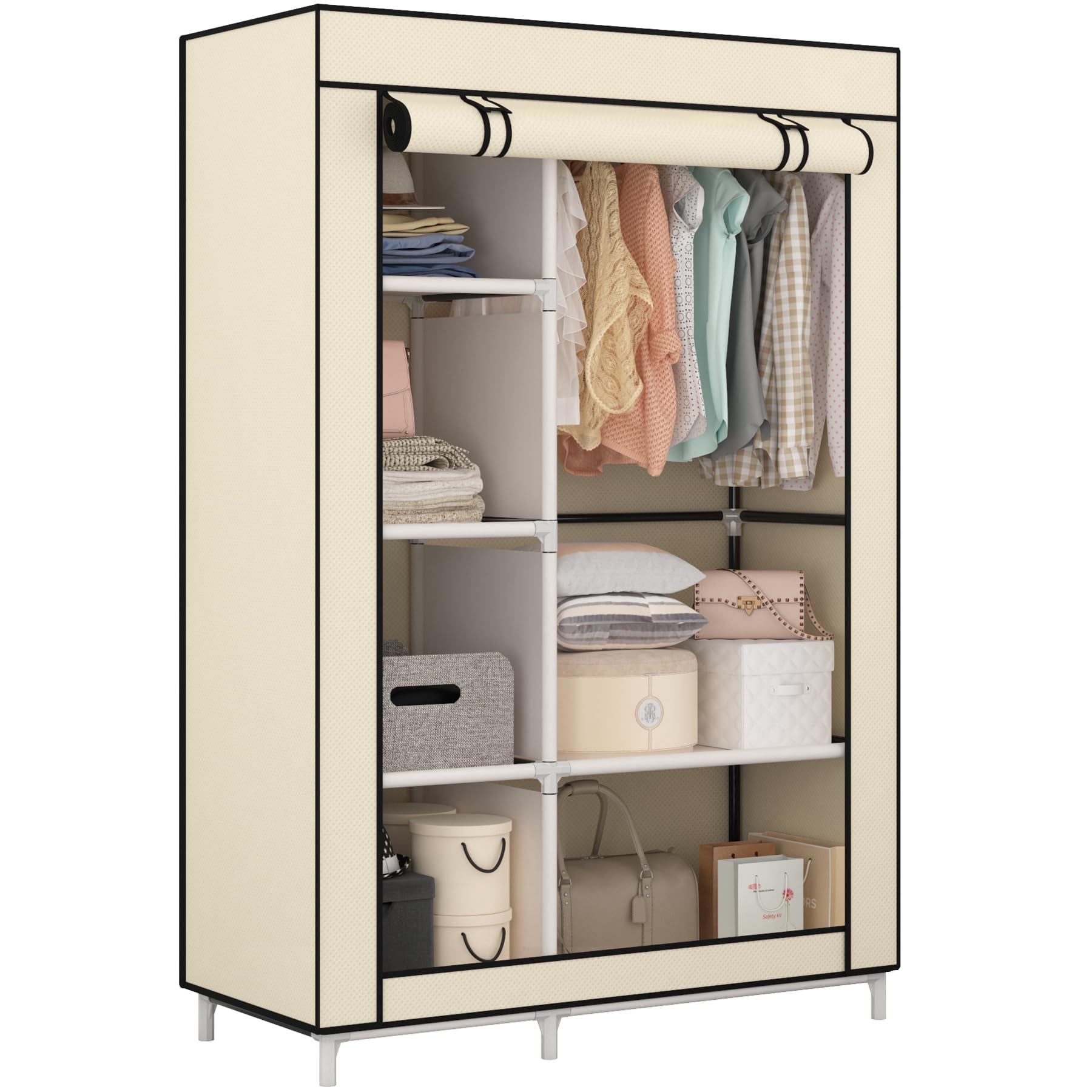 Photo 1 of Calmootey Portable Closet Organizers, Clothing Storage, Wardrobe with 6 Shelves and Hanging Rod, Non-Woven Fabric Cover with 4 Side Pockets, Beige