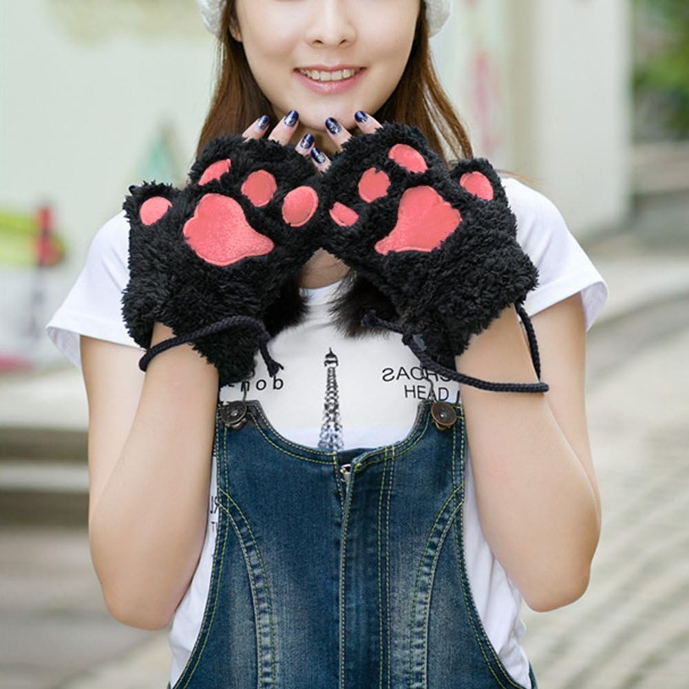 Loritta 2 Pairs Womens Cat Paw Gloves Winter Plush Faux Fur Cute Kitten Fingerless Mittens, Black + Gray(2 Pairs) at  Women’s Clothing store