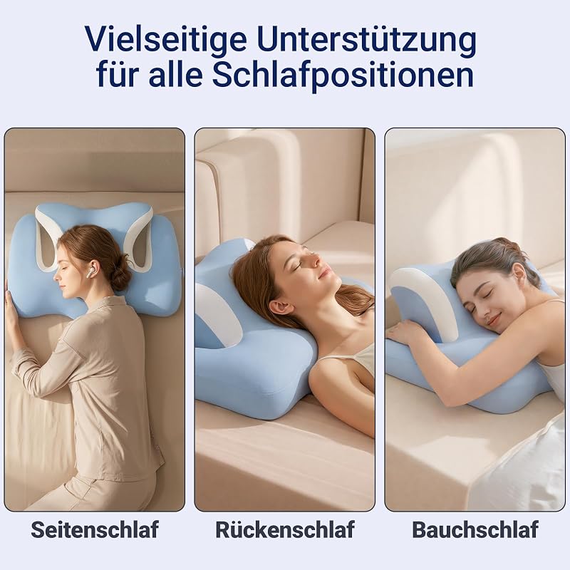 Nackenstützkissen aus Memory-Schaum – orthopädisches ergonomisches Schmetterlingskissen mit Ohrloch & Armauflage, Kopfkissen für Seitenschläfer, waschbarer Bezug, Himmelblau