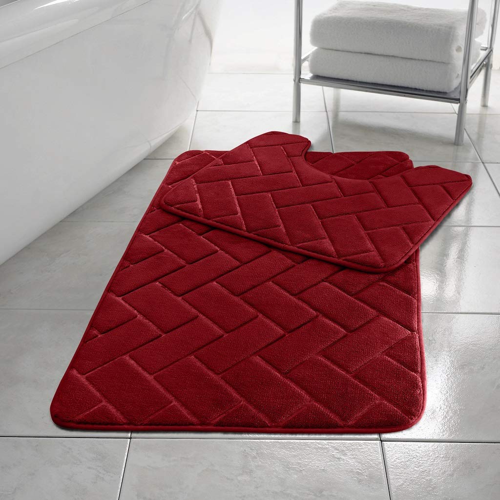 HOMES-LINEN Block Bricks Bath Mat Set Non Slip Pedestal Set Extra Absorbent 100% Memory Foam Bathroom Toilet Mat Rug Set (Red)