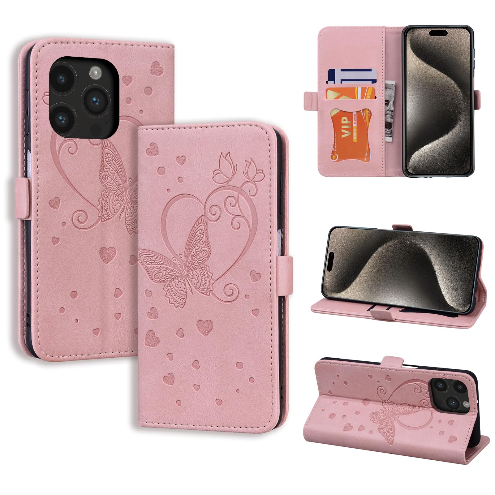 CASAFUNY Mobile Phone Case for iPhone 15 Pro Max Case, PU Leather Case Cover with Card Slot, Flip Case, Magnetic Flip Case, Protective Case for iPhone 15 Pro Max 6.7 Inch 2023, Pink