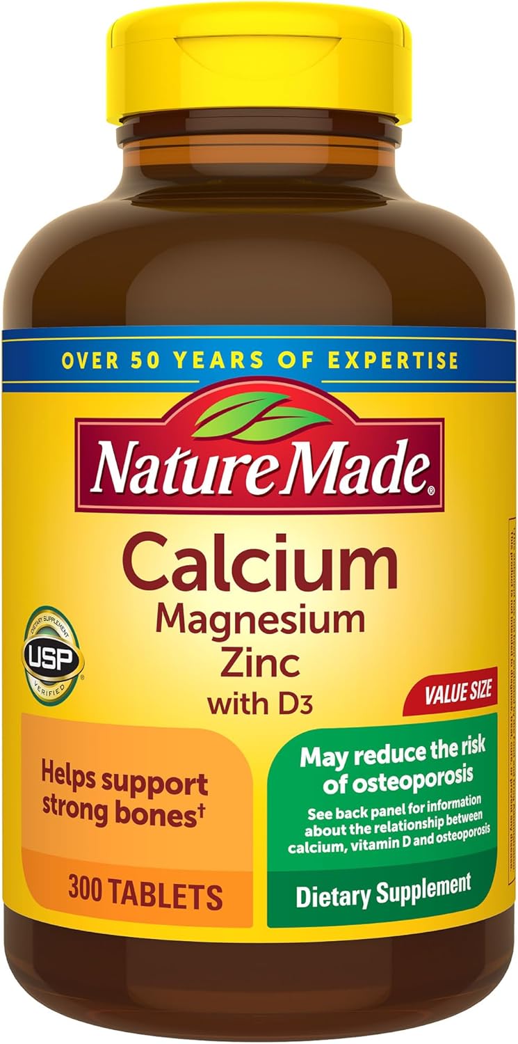 Nature Made Calcium Magnesium Zinc with Vitamin D3, Dietary Supplement for Bone Support, 300 Tablets