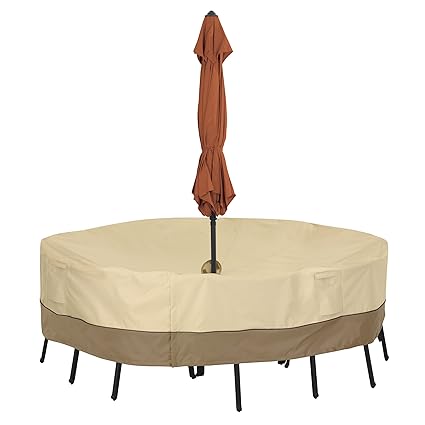 Classic Accessories Veranda Round Patio Table and Chair Cover with Umbrella Hole - Durable and Water Resistant Patio Set Cover, Large