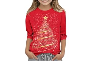 Girls Christmas 3/4 Sleeve T Shirt Sparkle Star Tree Graphic Tee Soft Lightweight Crewneck Casual Holiday