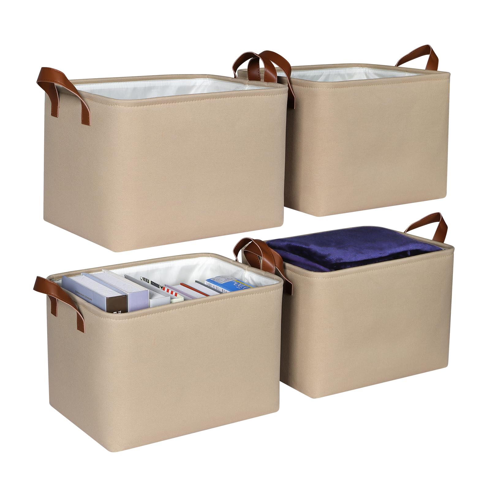 Syeeiex Storage Baskets for Shelves 4 Pack, Fabric Storage Boxes with Leather Long Handles, Foldable Storage Basket for Toys, Clothes , Organizing Home and Office - Cocoa