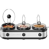 Chefman Triple Slow Cooker &amp; Food Warmer, Three Crock Slowcooker with 2.5 Qt. Ceramic Crocks, 7.5-Quart Total Capacity, PFAS-Free, Three Temperature Settings, Dishwasher-Safe Parts &ndash; Stainless Steel