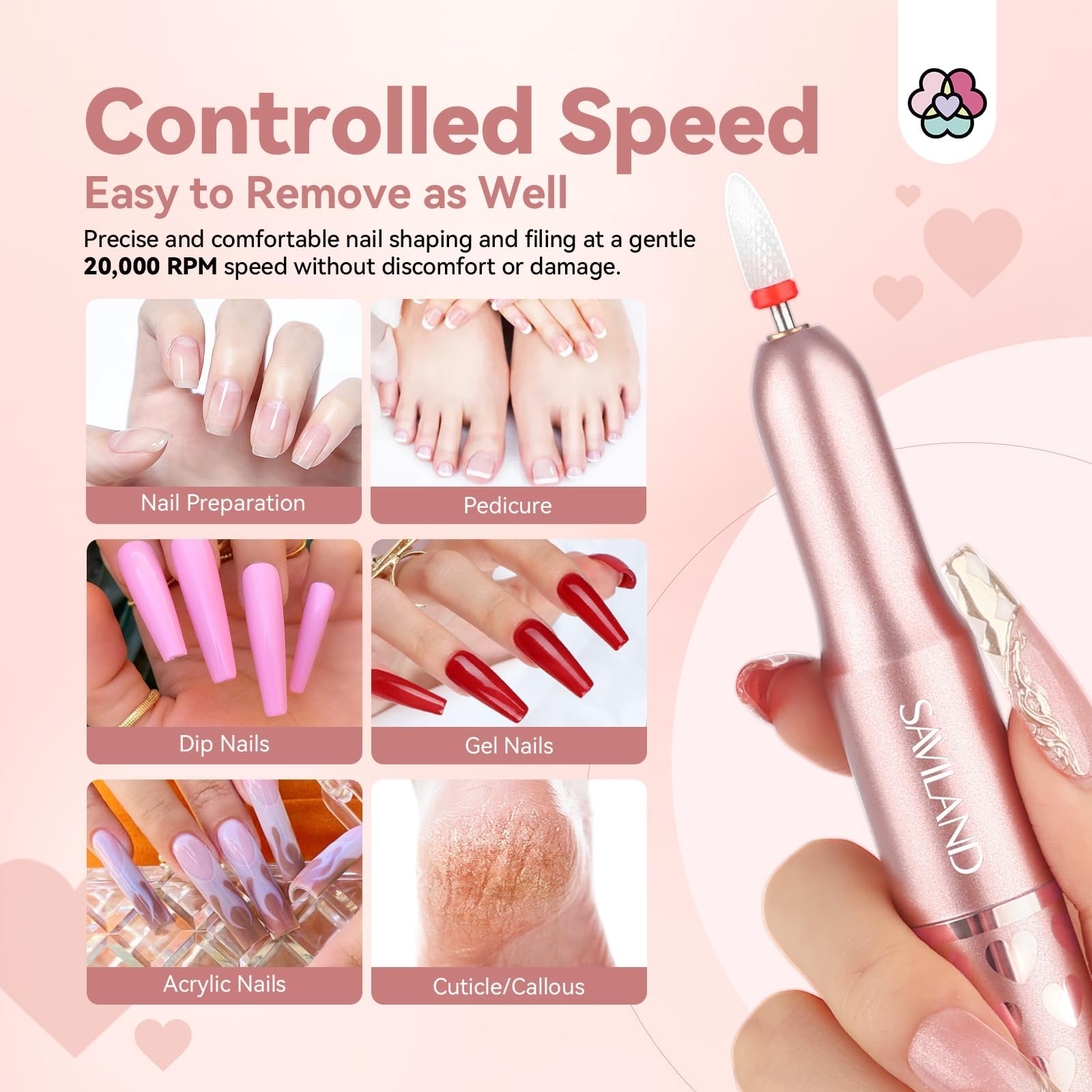 SAVILAND Acrylic Electric Nail Drill : Exclusive Love Series Portable Efile Nail Drill Machine Professional Complete Drill Bits for Remove Acrylic Nails Manicure & Toenails Nail Care Home Salon DIY - Image 2