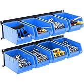 TORACK Wall-Mounted Storage Bins, 8 Plastic Bins &amp; 2 Tracks, Blue | Wall Plastic Bin for Tools Organization in Garage, Craft Room, and Shop, Small Parts Bins for Bolt, Screw, Hardware