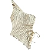 RoseSeek Women's One Shoulder Sleeveless Tank Top Asymmetrical Lettuce Trim Knitted Summer Shirts